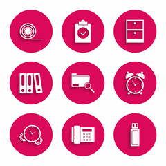 Set Search concept with folder, Telephone, USB flash drive, Alarm clock, Time Management, Office folders papers and documents, Archive drawer and Scotch icon. Vector