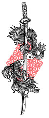 Tattoo art siamese fighting fish and sword hand drawing and sketch