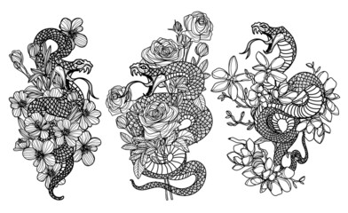 Tattoo art snak and flower drawing and sketch black and white