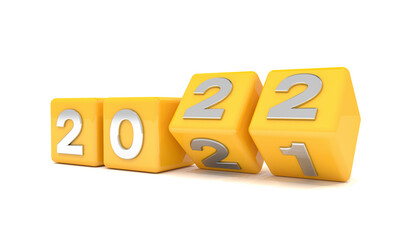 3d Illustration - gelbe W&uuml;rfel mit den Jahreszahl 2021 - 2022 auf wei&szlig;em Hintergrund - repr&auml;sentiert das neue Jahr 2021