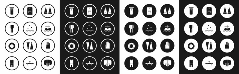 Set Rubber flippers for swimming, Cold and waves, Wetsuit scuba diving, Flashlight, Fishing boat on water, Backpack, Gloves and Lifebuoy icon. Vector