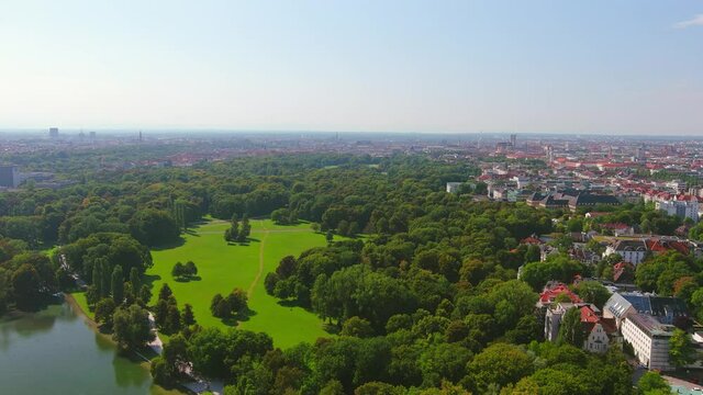 Munich: Aerial view of city in Germany and capital of Bavaria, park English Garden (Englischer Garten) - landscape panorama of Europe from above