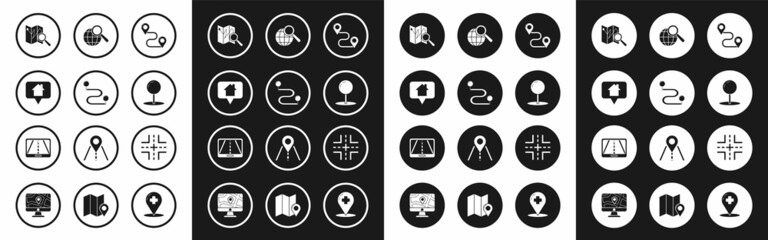 Set Route location, Map pointer with house, Folded map marker, Push pin, Magnifying glass globe, Road traffic sign and Infographic of city navigation icon. Vector