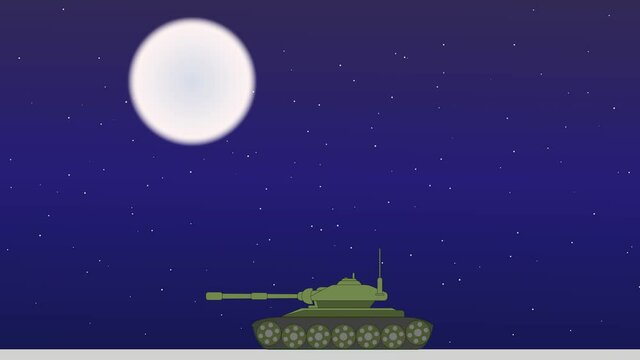 Tank driving at night, glowing moon and stars in the background animation motion graphics