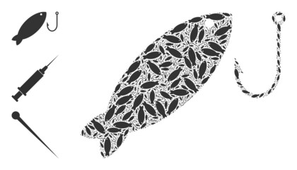 Itself recursion mosaic fishing. Vector fishing mosaic is designed with scattered fractal fishing items. Abstract design.