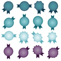 A set of sixteen multi-colored starburst icons with ribbons, sunburst in bright colors with a geometric pattern on a white background, an empty sign with an inscription, vector graphics