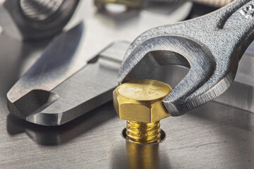Wrench tightens brass bolt in steel billet. Spanner, bolt, screw and nuts.