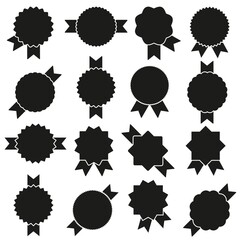 A set of sixteen multi-colored starburst icons with ribbons, sunburst in black on a white background, an empty sign with an inscription, vector graphics