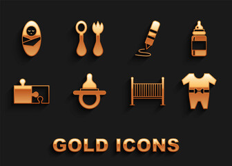 Set Baby dummy pacifier, bottle, clothes, crib cradle bed, Piece of puzzle, Wax crayon for drawing, Newborn baby infant swaddled and cutlery with fork and spoon icon. Vector