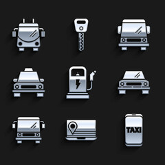 Set Electric car charging station, Laptop with location marker, Taxi call telephone service, Car, Bus, and Trolleybus icon. Vector