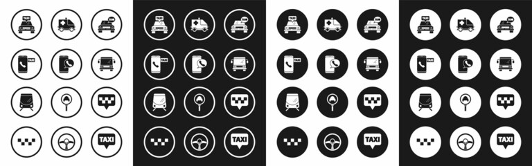 Set Taxi car, call telephone service, Bus, Ambulance and emergency, Map pointer with taxi and Tram railway icon. Vector