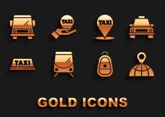Set Tram and railway, Taxi car, Location on the globe, Car key with remote, roof, Map pointer taxi, and Hand map icon. Vector