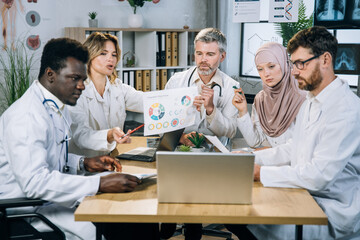 Obraz premium International doctors showing report of medical research during conference call on wireless laptop. Male and female therapists working on common project. One man who using wheelchair among group.