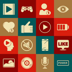 Set Power button, Like in speech bubble, Battery charge level indicator, Add friend, Hand like, heart, Play Video and circle icon. Vector