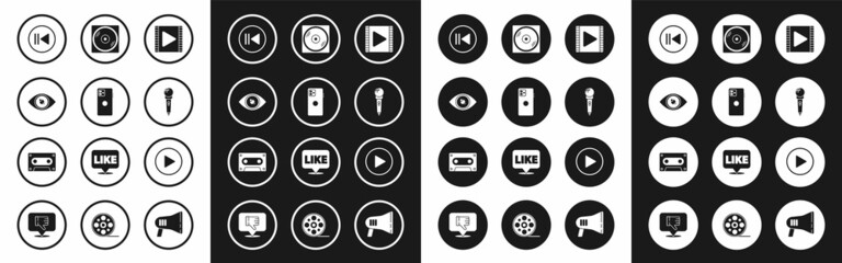 Set Play Video, Smartphone, mobile phone, Eye, Rewind, Microphone, Vinyl disk, circle and Retro audio cassette tape icon. Vector