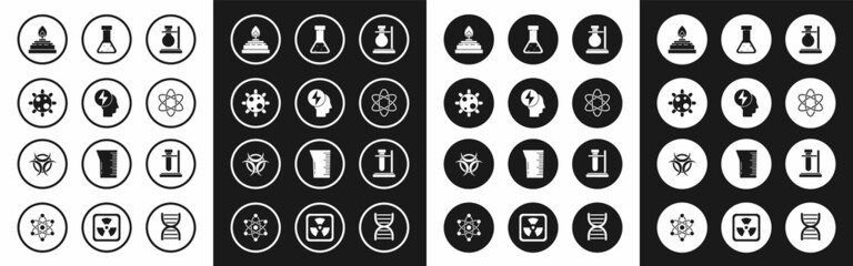 Set Test tube flask on stand, Head electric symbol, Bacteria, Alcohol or spirit burner, Atom, chemical, and Biohazard icon. Vector