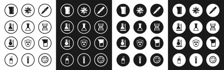 Set Pipette, Test tube and flask chemical, on stand, Laboratory glassware or beaker, DNA symbol, Bacteria, and icon. Vector