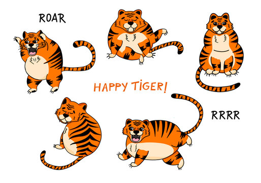 A set of illustrations with cute Chinese tigers in a flat cartoon style. Single elements on a white background, for postcards, posters, T-shirts.