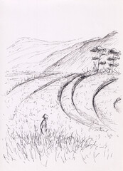 Obraz premium Watercolor painting of Asian mountains, rice fields and man in traditional hat. Oriental peaceful landscape with layers of rocks. Concept for decoration, print, post card, calm meditation background.