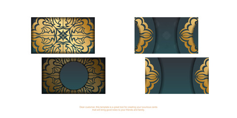 Gradient green business card with luxury gold pattern for your brand.