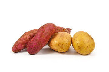 Comparison between sweet potato and potato on white background