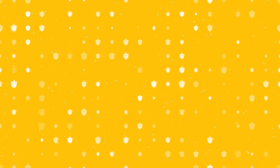Seamless background pattern of evenly spaced white acorn symbols of different sizes and opacity. Vector illustration on amber background with stars