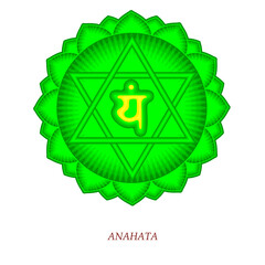 The fourth Anahata chakra. Heart chakra with Hindu Sanskrit. Green is a flat symbol of meditation, yoga. Vector
