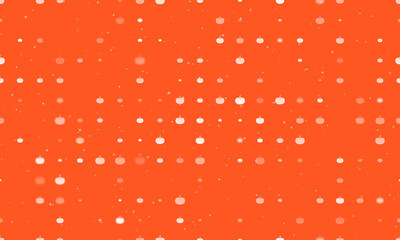 Seamless background pattern of evenly spaced white pumpkin symbols of different sizes and opacity. Vector illustration on deep orange background with stars