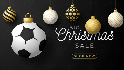 soccer Sport Christmas card. Merry Christmas sport greeting card. Hang on a thread soccer, football ball as a xmas ball and golden bauble on black horizontal background. Sport Vector illustration.