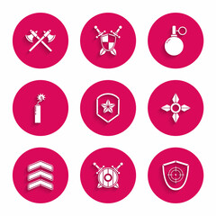 Set Police badge, Wooden shield with crossed swords, Target sport, Japanese ninja shuriken, Military rank, Dynamite bomb stick clock, Hand grenade and Crossed medieval axes icon. Vector