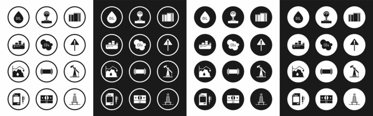 Fototapeta premium Set Oil industrial factory building, CO2 emissions cloud, tanker ship, drop, Exclamation mark triangle, Gauge scale, pump pump jack and Drop crude oil price icon. Vector