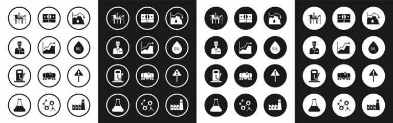 Set Drop in crude oil price, Oil increase, Oilman, platform the sea, drop, Stacks paper money cash, Exclamation mark triangle and Petrol gas station icon. Vector
