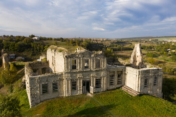 Aerial view of ruins of medieval Skala-Podilska castle in sunny day.  Ternopil region, Ukraine