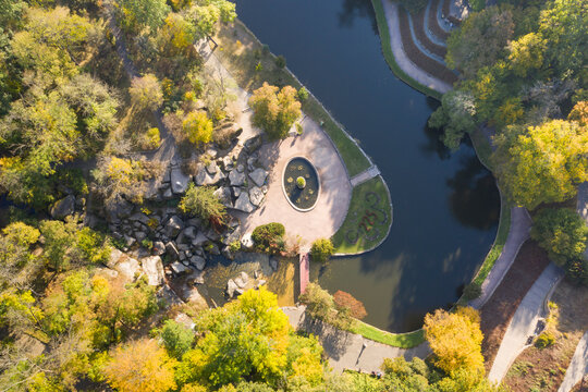Beautiful aerial view to autumn park and pond in Sofievka park, Uman, Ukraine