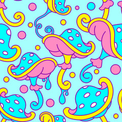 Vector seamless pattern, mysterious psychedelic mushroom. Vibrant fluorescent graphic art. Used as web wallpaper, background.