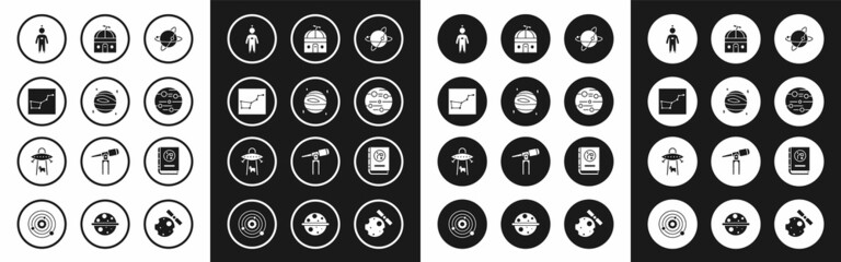 Set Satellites orbiting the planet Earth, Planet Venus, Great Bear constellation, Astronaut, Mars, Astronomical observatory, Book by astronomy and UFO abducts cow icon. Vector