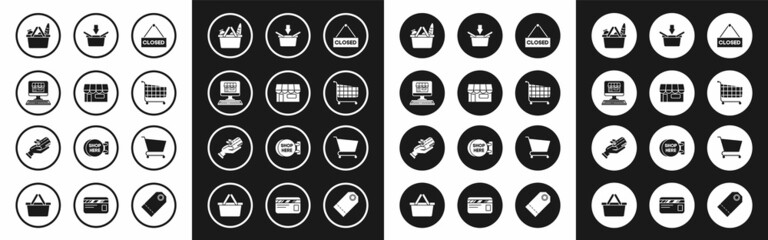 Set Hanging sign with text Closed, Shopping building or market store, on screen computer, basket and food, cart, and Human hand holding credit card icon. Vector