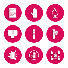 Set Blood test and virus, No handshake, Virus spread, Test tube with, Bar of soap, DNA spiral computer, Microscope and Clipboard blood results icon. Vector