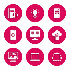 Set Online book on monitor, Laptop, Headphones, Cloud online library, education, play video, Mobile and Audio icon. Vector