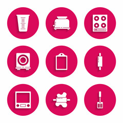 Set Cutting board, Rolling pin on dough, Spatula, Electronic scales, Electric stove, Gas and Measuring cup icon. Vector