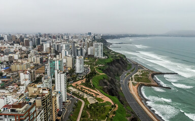 Panoramic aerial view over the coast of Miraflores in Lima, Peru