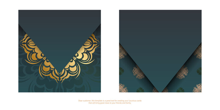 Green gradient brochure with abstract gold ornament typography-ready.
