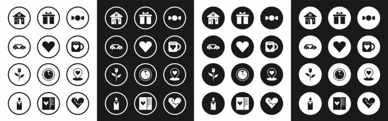 Set Bow tie, Heart, Limousine car, Church building, Coffee cup and heart, Gift box, Location with and Flower rose icon. Vector