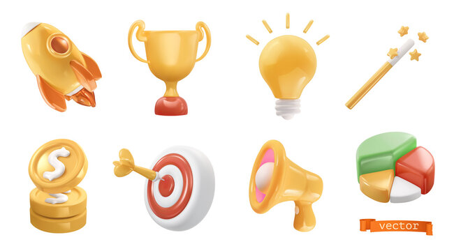 3d realistic vector icon set. Rocket, cup, light bulb, magic wand, coins, target, megaphone, diagram. Business objects