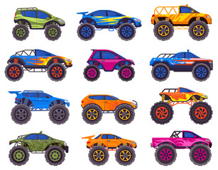 Extreme sport heavy monster trucks with large tires. Monster truck transport, extreme show pickup, jeep heavy vehicles vector illustration set. Extreme monster transport race © WinWin