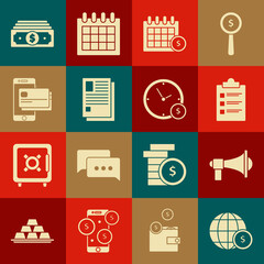 Set Earth globe with dollar symbol, Megaphone, Clipboard checklist, Financial calendar, File document, Mobile and credit card, Stacks paper money cash and Time icon. Vector