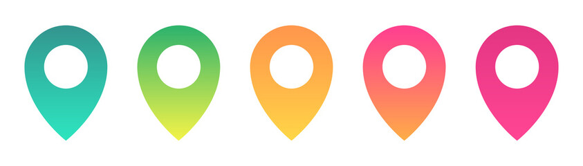 Location Pin Icon Set. Set of Location Marker or Pointer Icons, Symbols or Buttons with Modern Gradients. 