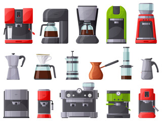 Coffee machines, coffee maker, espresso machine and coffee pot. French press, restaurant or home coffee makers vector illustration set. Coffee makers