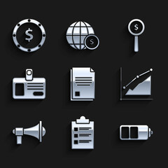 Set File document, Clipboard with checklist, Battery charge level indicator, Pie chart infographic, Megaphone, Identification badge, Magnifying glass and dollar symbol and Coin money icon. Vector