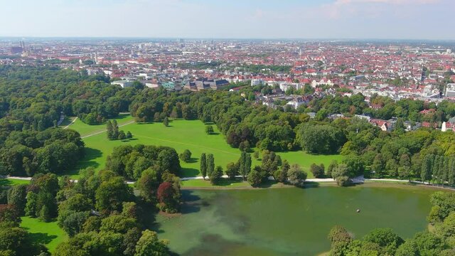 Munich: Aerial view of city in Germany and capital of Bavaria, park English Garden (Englischer Garten) - landscape panorama of Europe from above